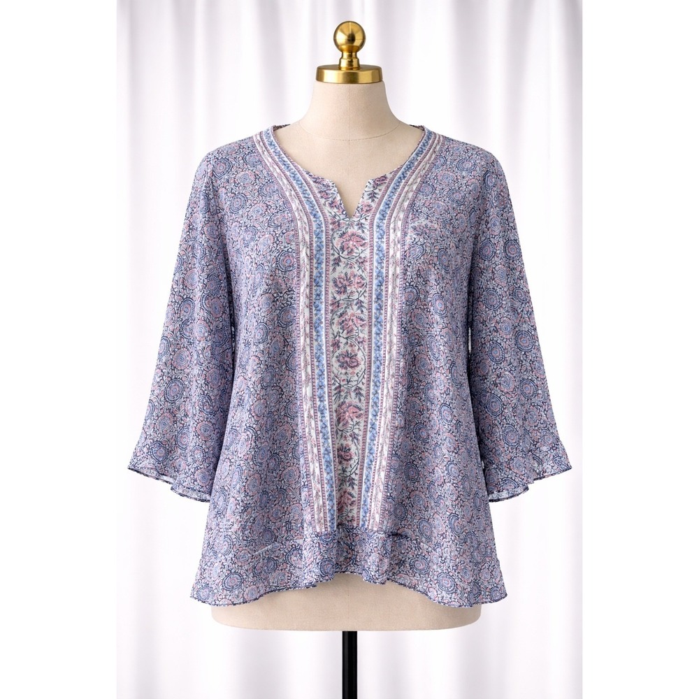 Cynthia Rowley Popover Top Blouse Blue Relaxed‎ Boho Floral 3/4 Sleeve Size 1x